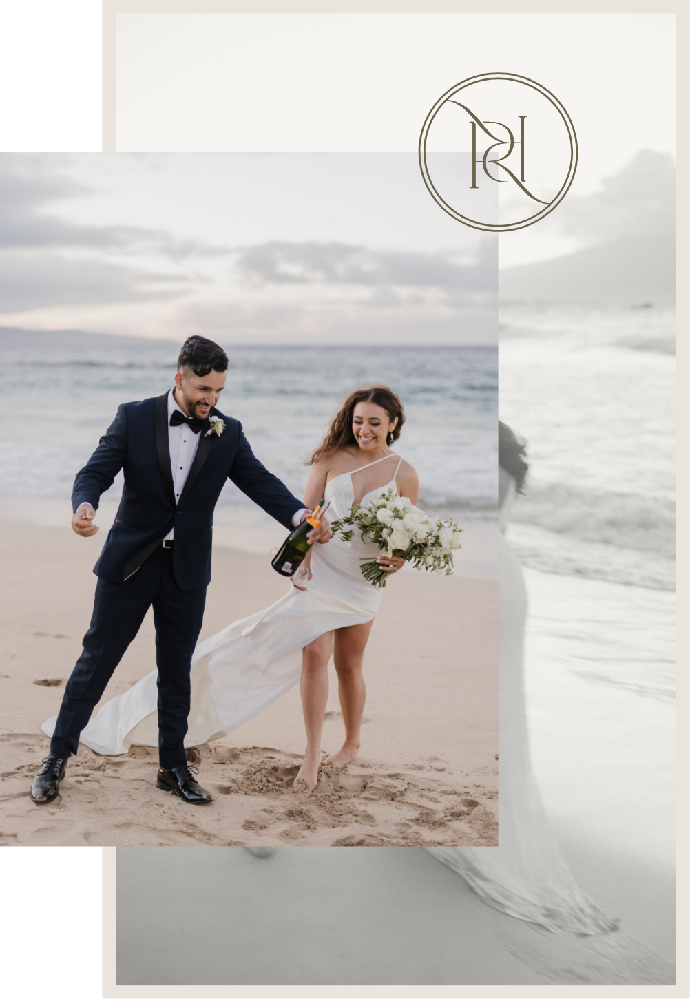 Roam Elopements, Maui Elopements, Happy couple celebrating on a beach, popping champagne.
