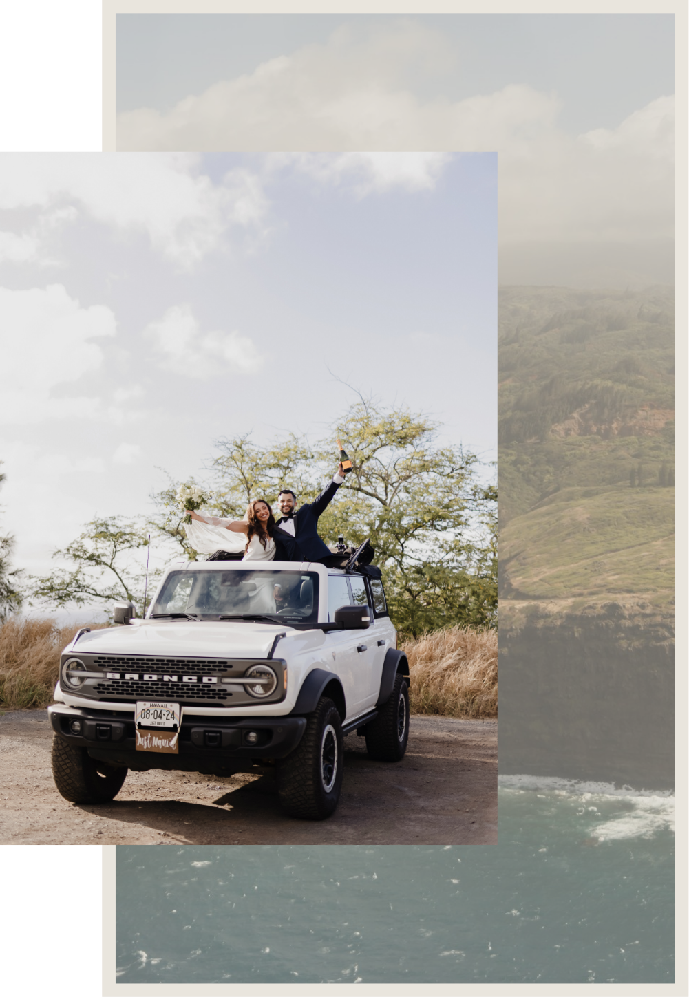 your-experience-new-group-image-7 - Roam Elopements Roam Elopements, Maui Elopements, Newlyweds celebrate in a white Ford Bronco, "Just Married" sign displayed.