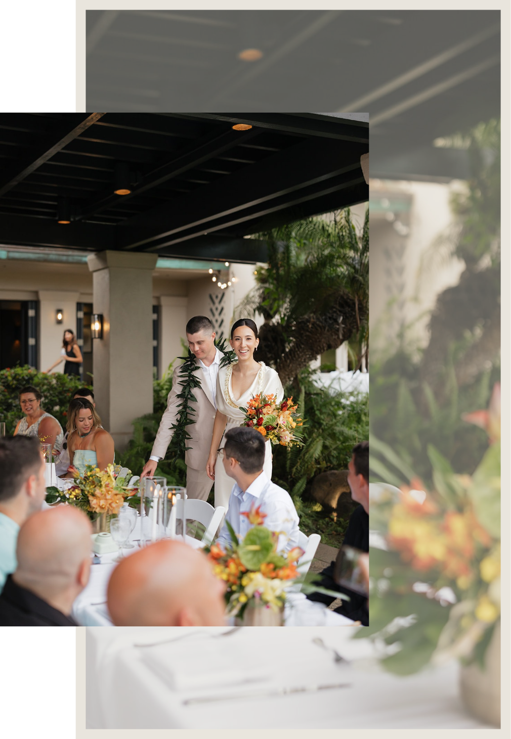 Roam Elopements, Maui Elopements, Bride and groom at micro wedding reception with tropical flowers.