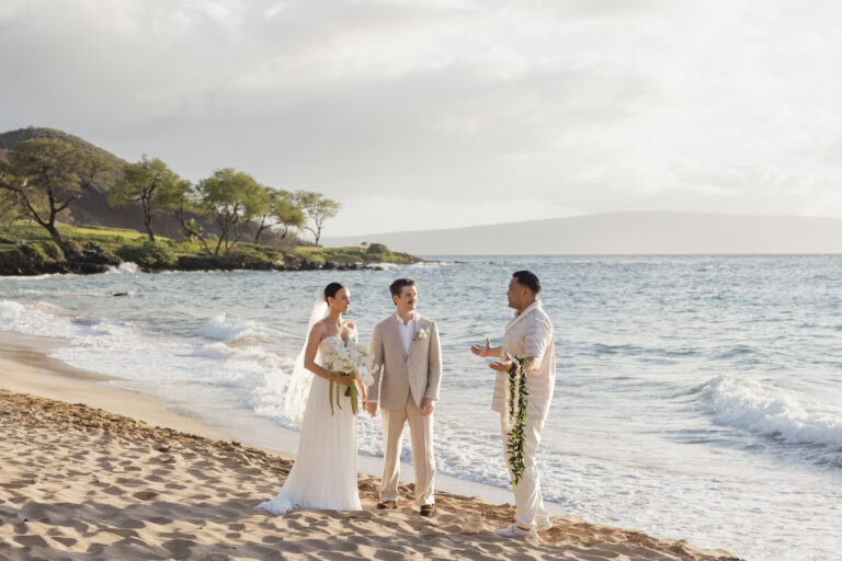 Roam Elopements, Maui Elopements, Zoe and Jean-Sebastien elopement on Wailea beach with ocean waves in background