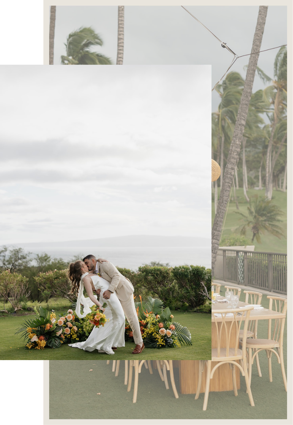 Micro-Weddings-Intro-Image-new - Roam Elopements Couple in wedding attire kissing beside a colorful floral arrangement on a lawn with palm trees in a tropical garden; collage-style backdrop with beige panels and outdoor seating.