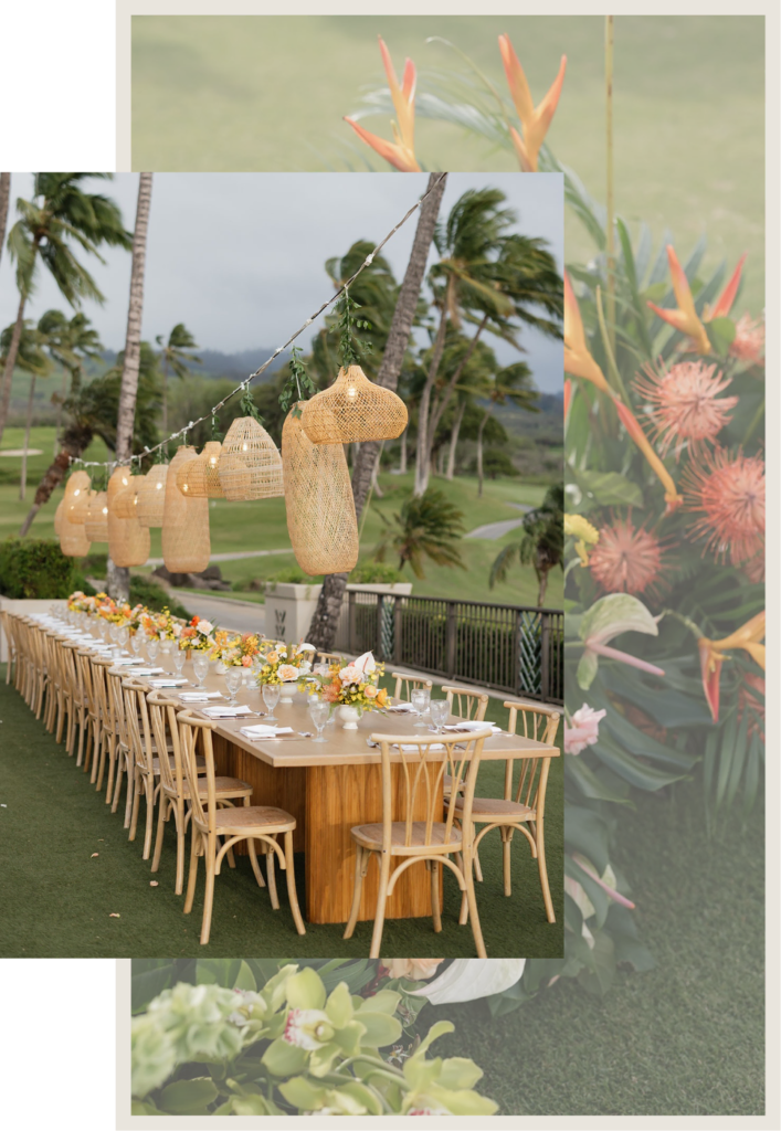 Long banquet table set for an outdoor tropical wedding, with woven lanterns hanging above and floral centerpieces.