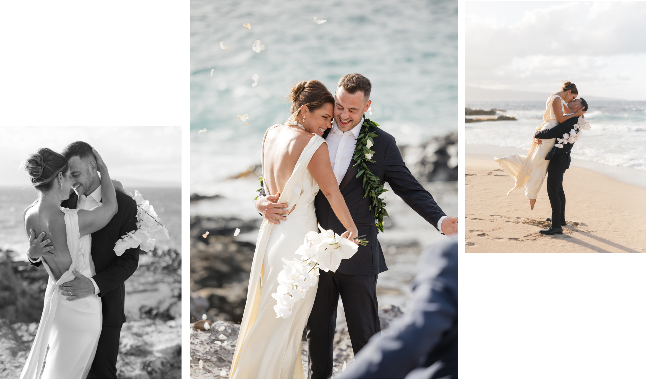 Roam Elopements, Maui Elopements, Joyful bride and groom embracing on a beach during a wedding ceremony