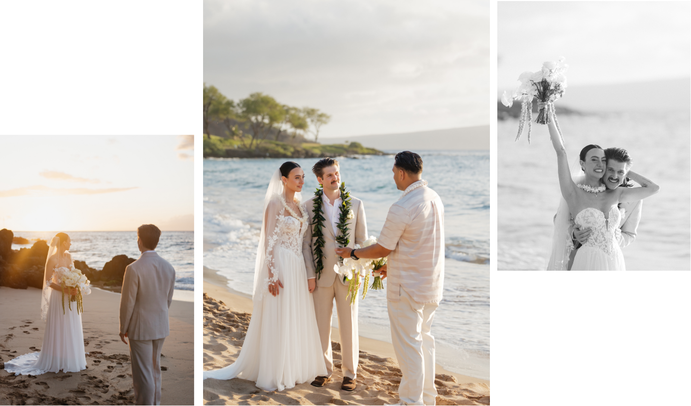 Roam Elopements, Maui Elopements, Couple exchanging vows on a sandy beach at sunset, officiant present